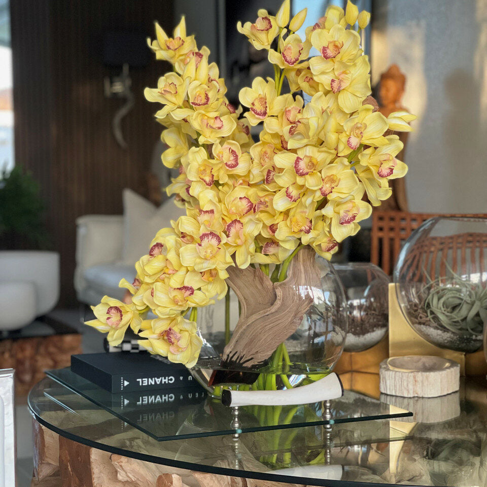 Cymbidiums jaunes dans un vase Lune