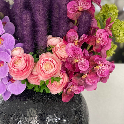 Vase Mosaïque Noir avec Liatris et Orchidées