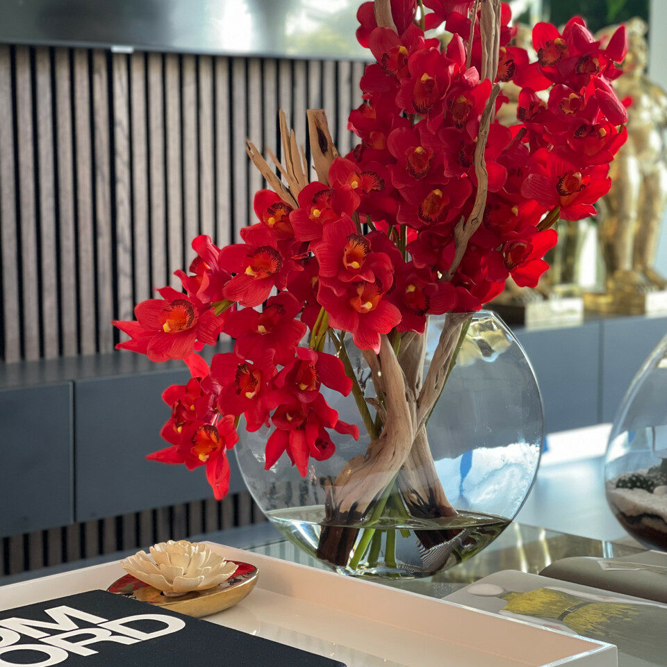 Cymbidiums rouges dans un pot Lune